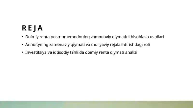 Doimiy renta postnumerandoning zamonaviy qiymati 2