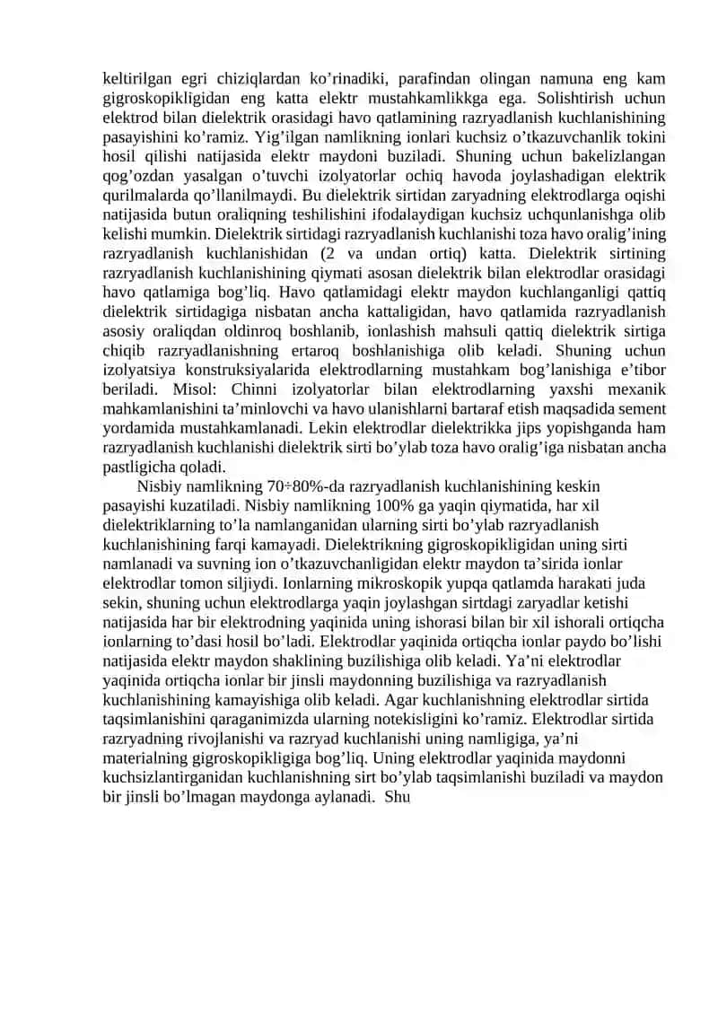 BIR JINSLI VA BIR JINSLI BO’LMAGAN MAYDONLARDA DIELEКTRIКLAR SIRTIDAGI GAZLARDA RAZRYADLANISh JARAYONI 2