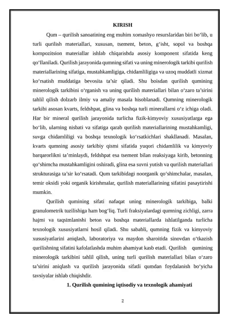Qurilish qumining menerologik tarkibi va uning qurilish materiallari bilan o'zaro ta'siri 2