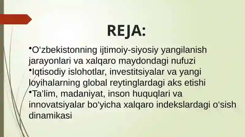 YANGI O'ZBEKISTON IJTIMOIY-SIYOSIY,IQTISODIY VA MADANIY HAYOTIDA RO'Y BERAYOTGAN O'ZGARISHLARNING XALQARO REYTING VA INDEKSLARDA AKS ETISHI 2