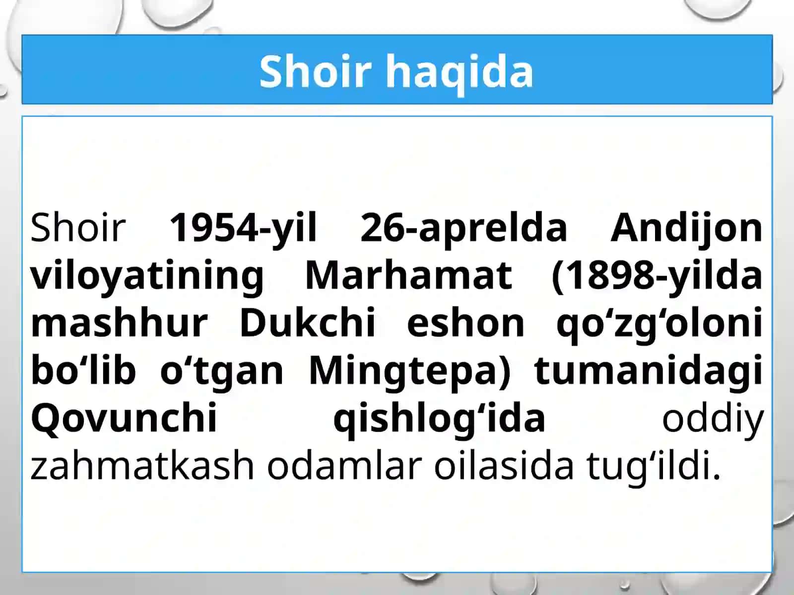 8-sinf Adabiyot dars ishlanma. Muhammad Yusuf hayoti va ijodi. She'rlari 2