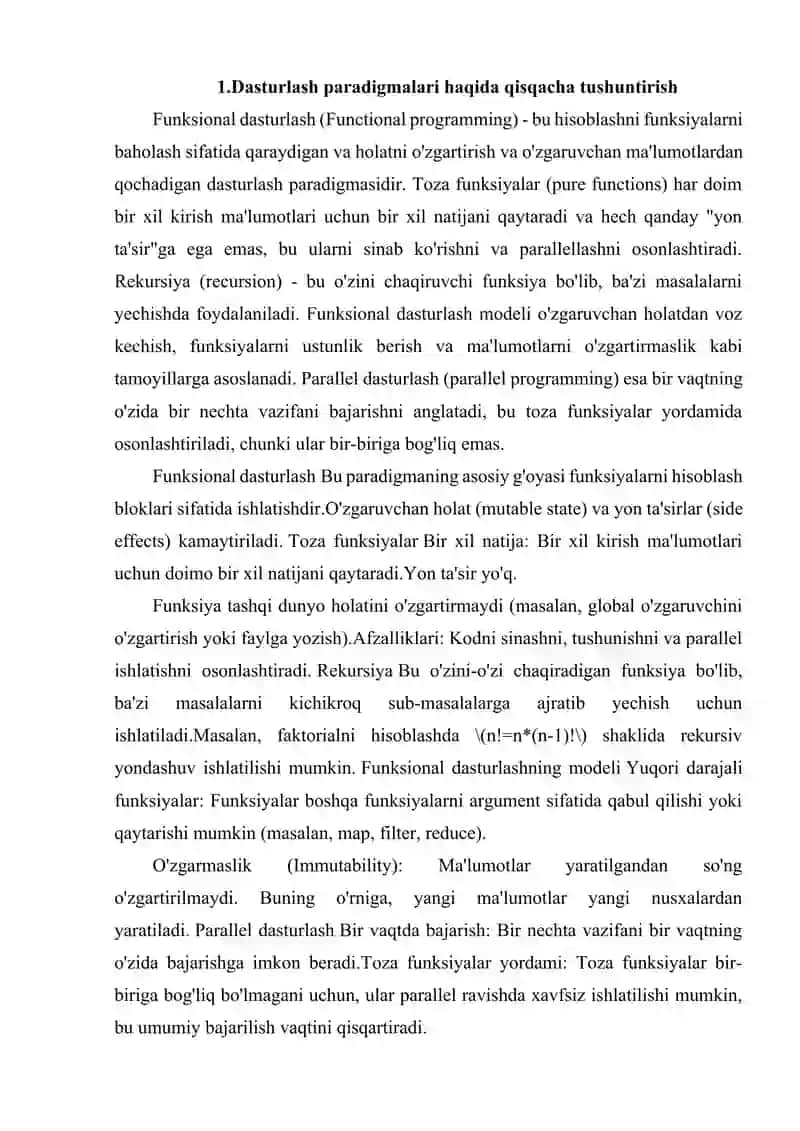 FUNKSIONAL DASTURLASH. TOZA FUNKSIYALAR. REKURSIYA. FUNKSIONAL DASTURLASHNING FUEKSIONAL MODELI. PARALLEL DASTURLASH 2