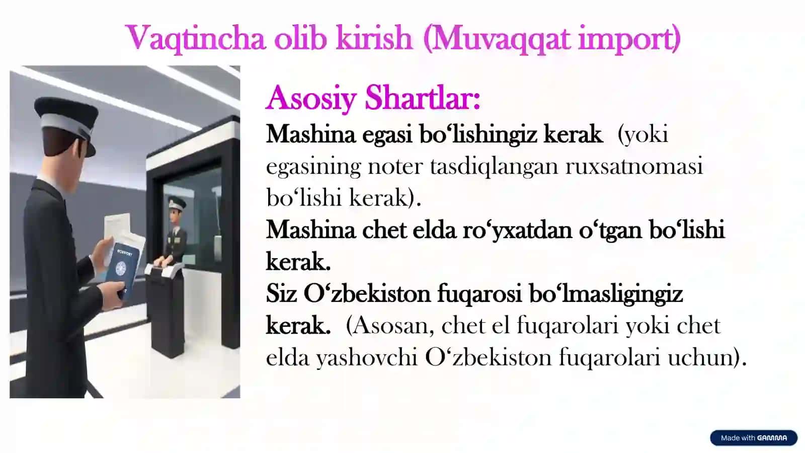 Oʻzbekistonga transport vositasini olib oʻtish 2