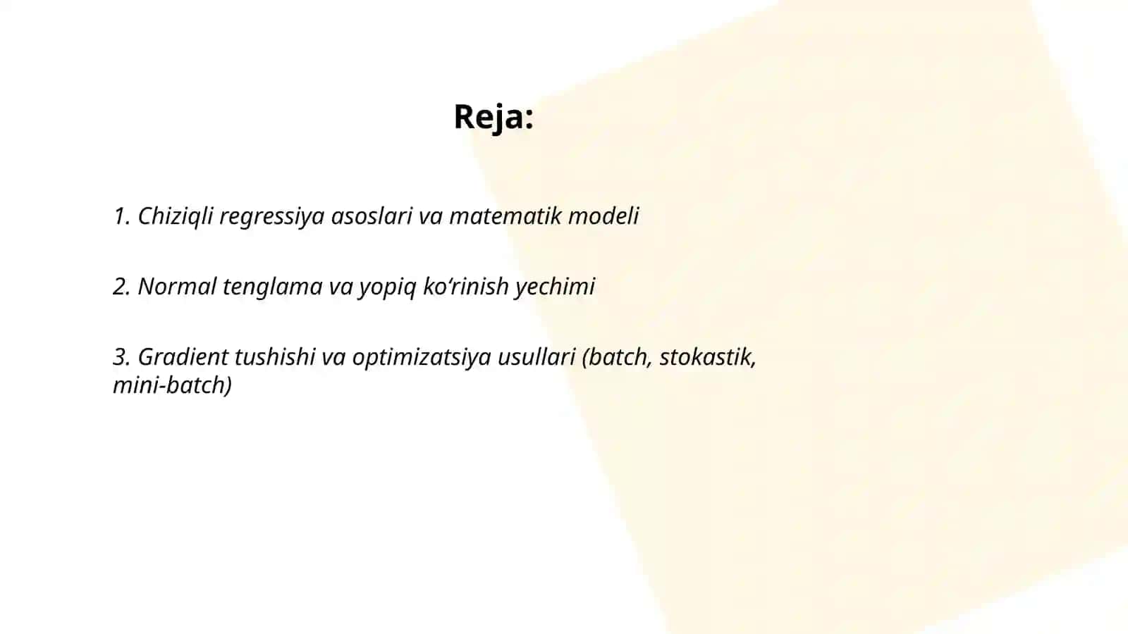 Mashinali o‘qitishning chiziqli regressiya usullari asosida bashoratlash masalalarini yechish 2