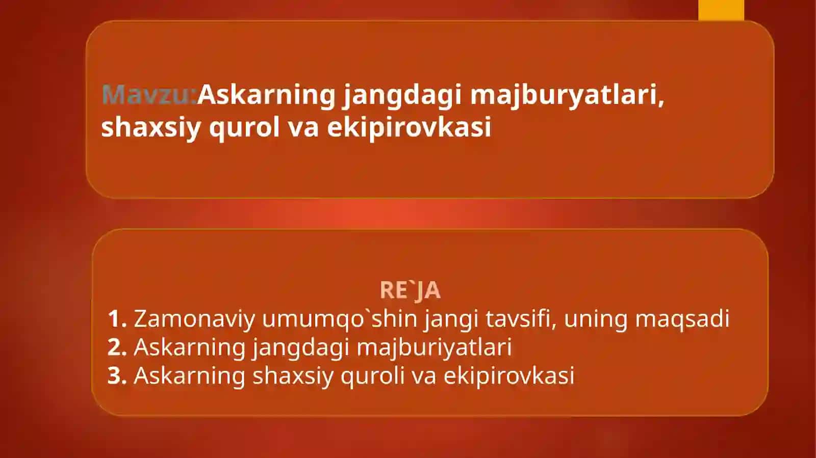 Askarning jangdagi majburyatlari, shaxsiy qurol va ekipirovkasi ta'limi 2