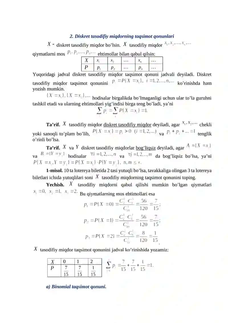Tasodifiy miqdorlar sistemasi ularning taqsimot qonunlari shartli taqsimot qonunlari 2