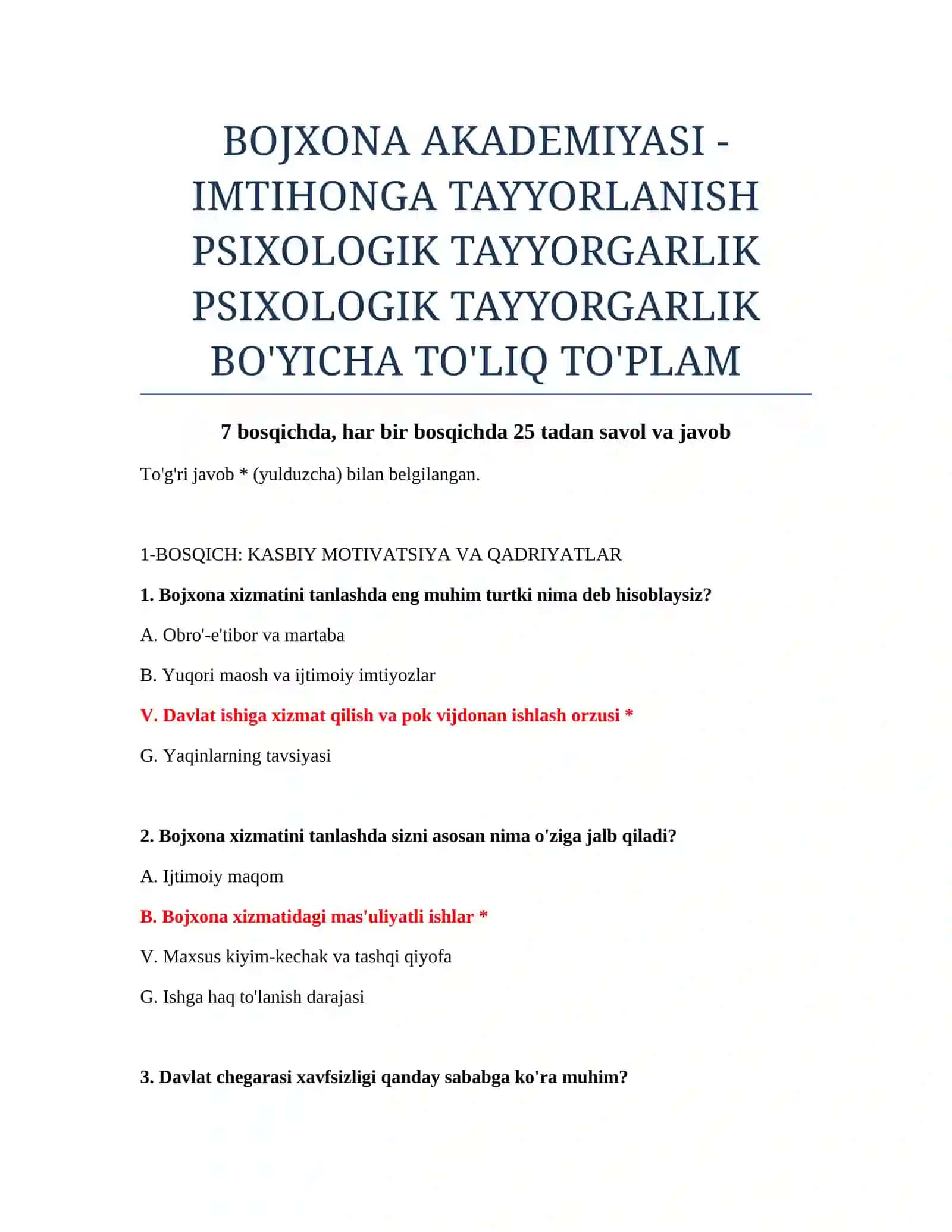 PSIXOLOGIK TAYYORGARLIK BO'YICHA TO'LIQ TO'PLAM 2