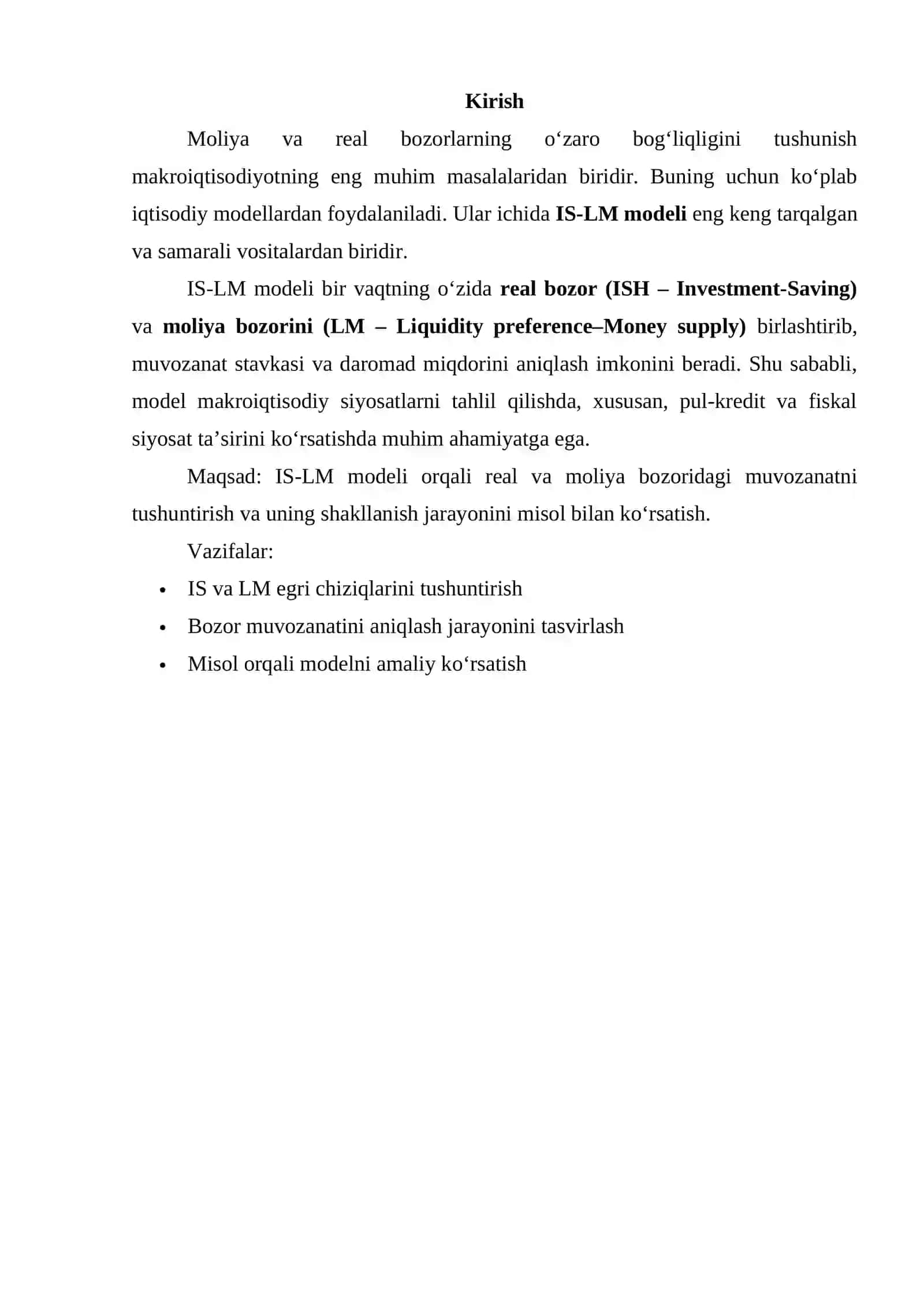 IS-LM MODELI VA UNING REAL VA MOLIYA BOZORIDAGI MUVOZANATNI TASVIRLASH 2
