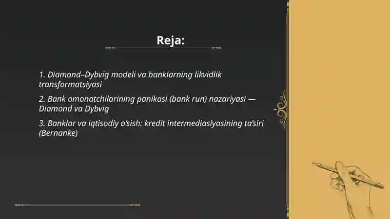 Diamond–Dybvig modeli va banklarning likvidlik transformatsiyasi 2