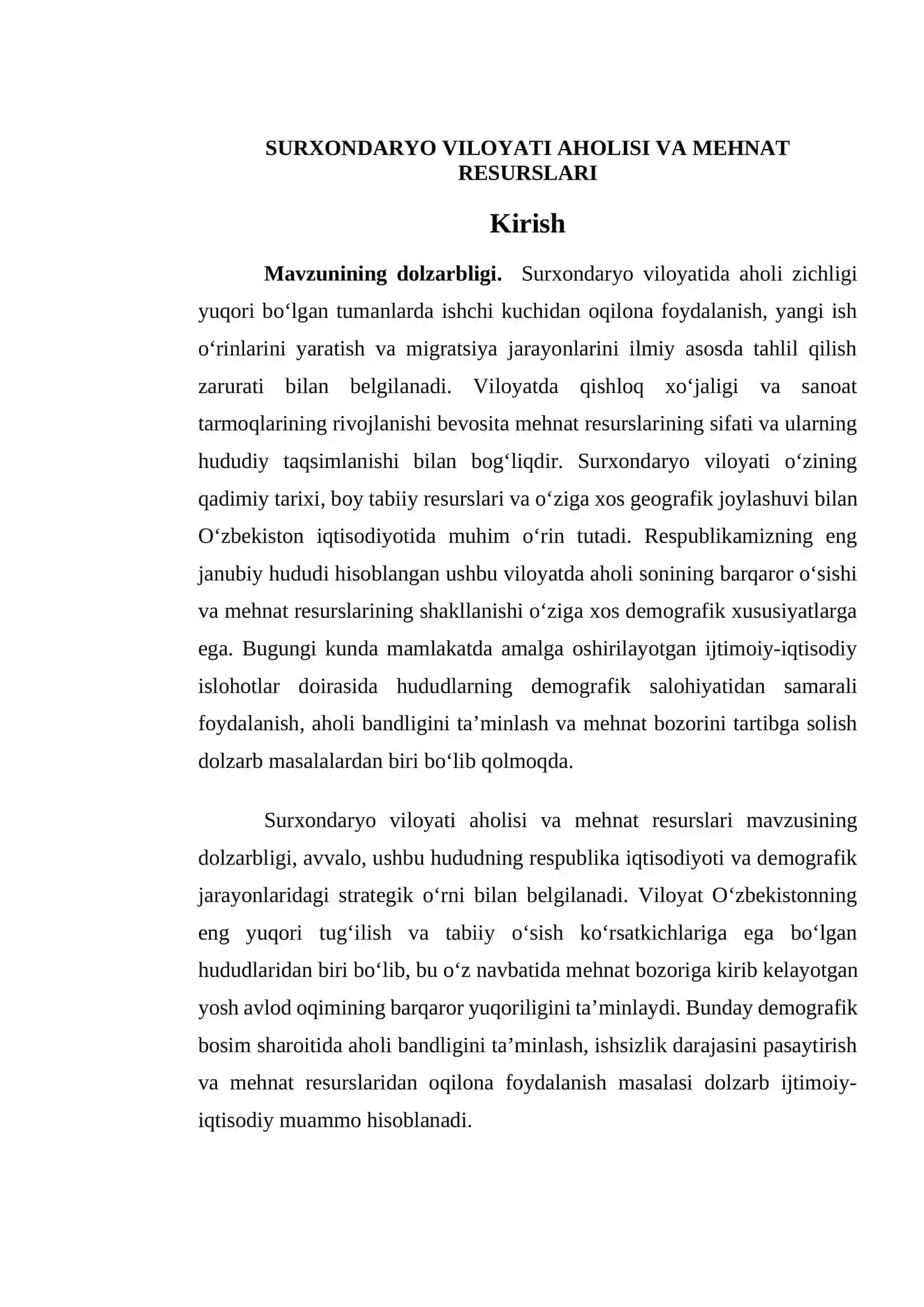 surxondaryo viloyati aholisi va mehnat resurslari kurs ishi 2