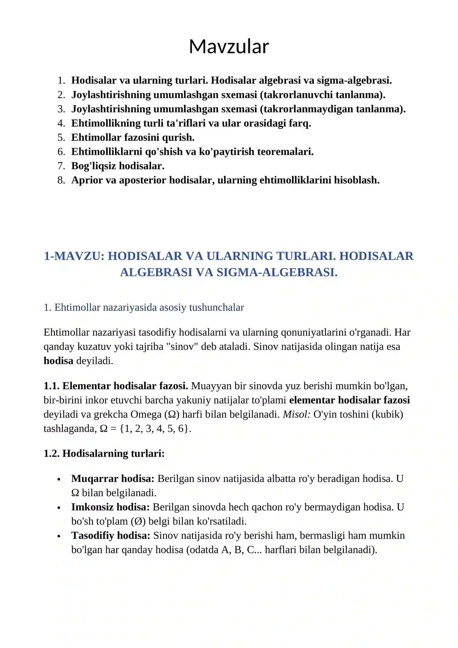 1-mustaqil ish.HODISALAR VA ULARNING TURLARI. HODISALAR ALGEBRASI VA SIGMA-ALGEBRASI 2