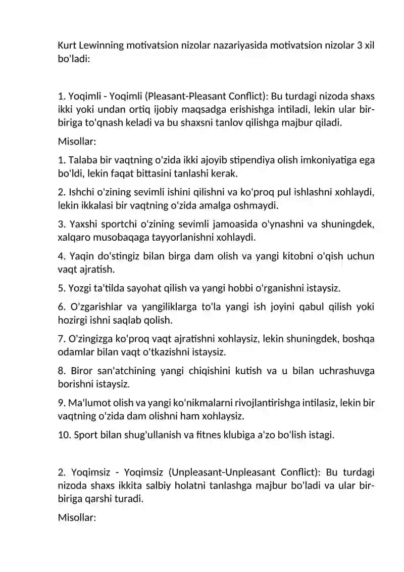 KURT LEWINNING MOTIVATSION NIZOLAR NAZARIYASI HAQIDA MISOLLAR 2