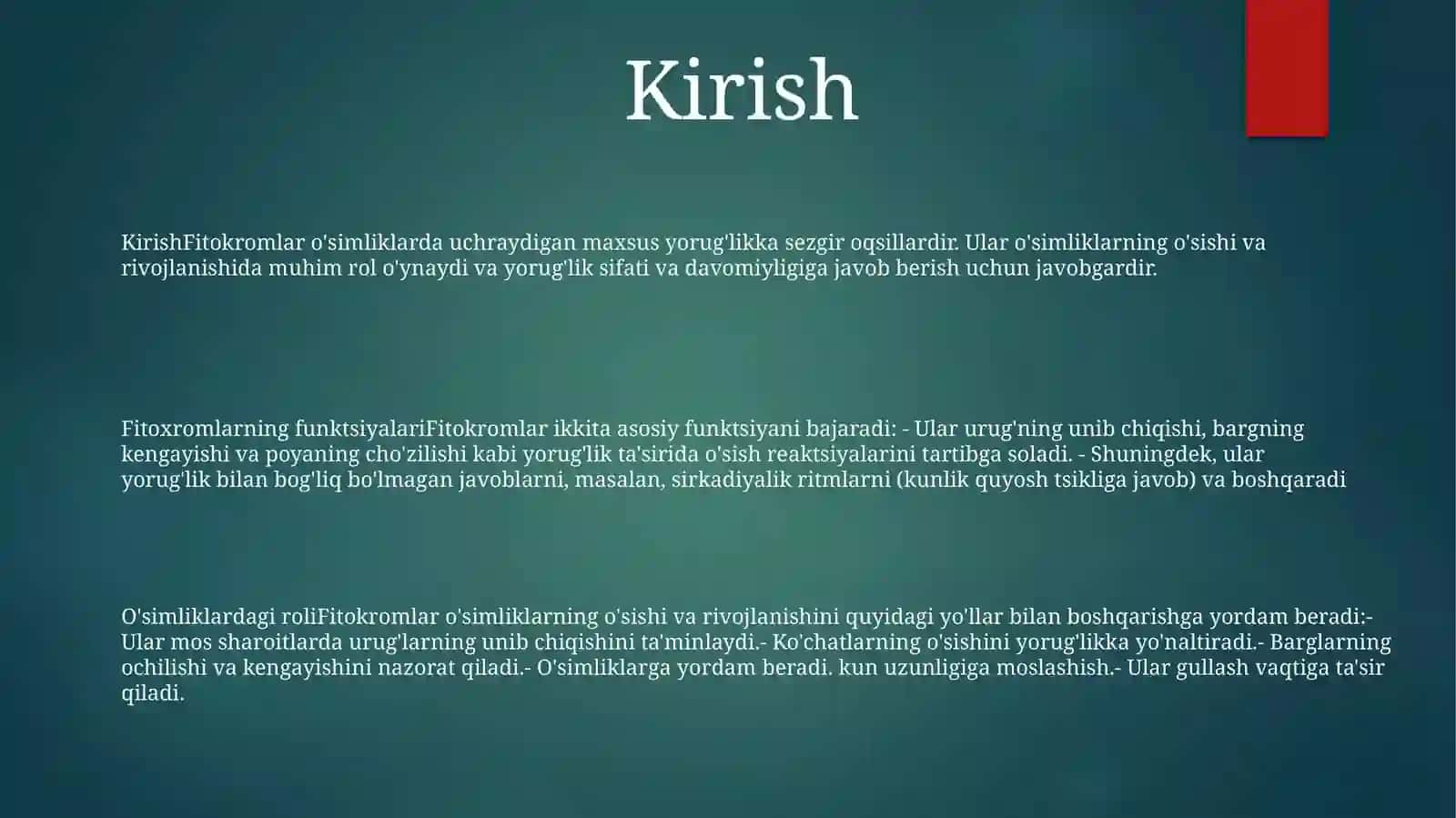 Fitoxromning OʻSimliklardagi OʻSishi VaRivojlanishdagiOʻRni 2
