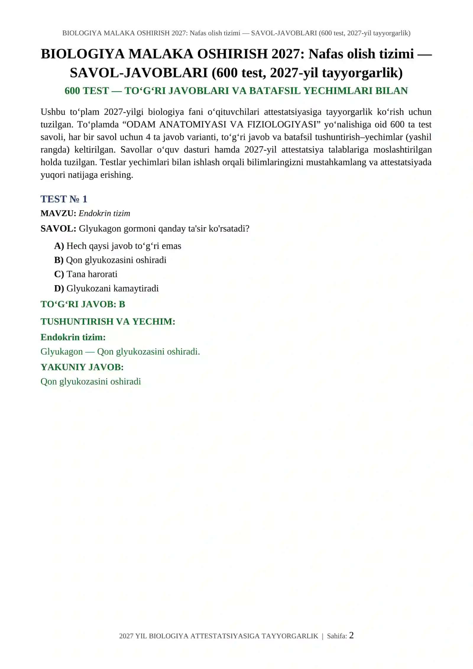 BIOLOGIYA MALAKA OSHIRISH 2027: Nafas olish tizimi — SAVOL-JAVOBLARI (600 test, 2027-yil tayyorgarlik) 2