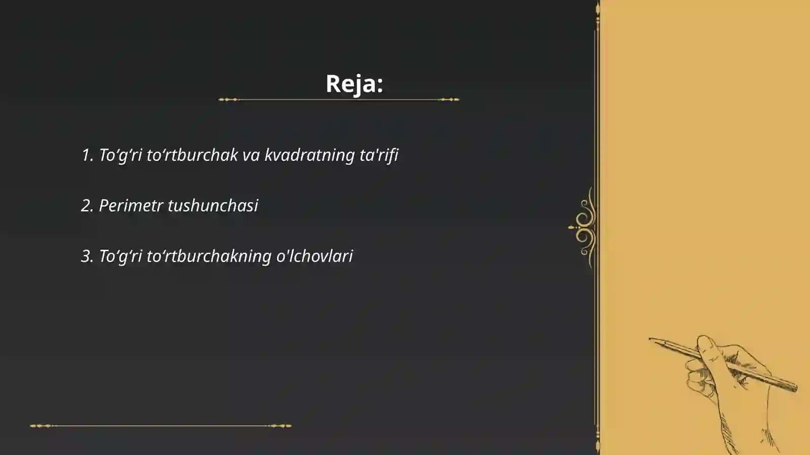 Toʻgʻri toʻrtburchak va kvadratning primetrini yuzaga doir masalalar yechishga oʻrgatish 2