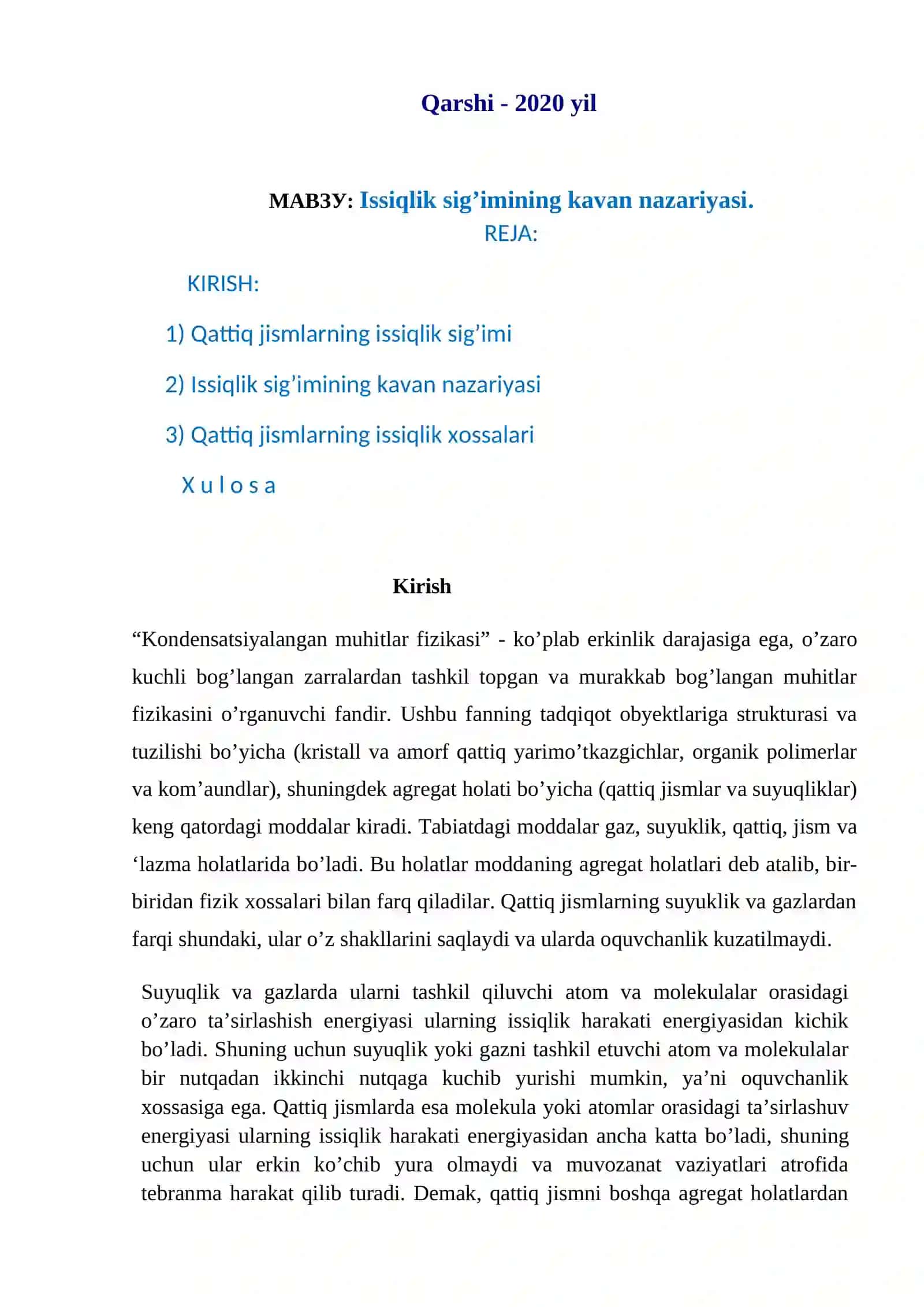 Kondenserlangan Holat Fizikasi fanidan KURS ISHI 2