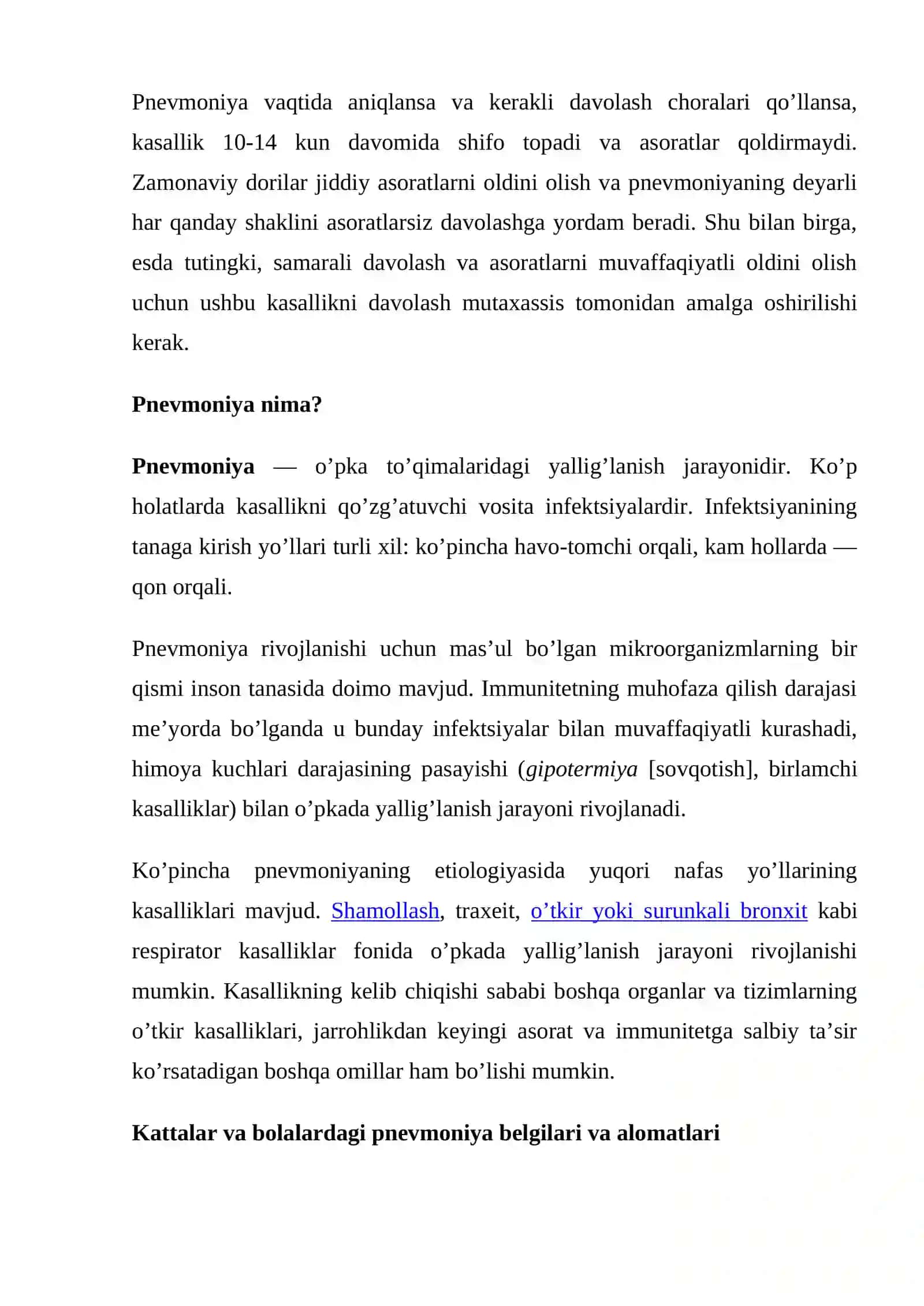 Zotiljam ta’rifi, sabablari. Pnevmoniya (zotiljam) - bolalarda va kattalarda, belgilari va alomatlari, davolash, turlari 2