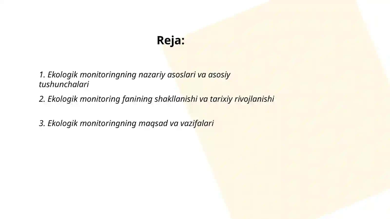 Ekologik monitoring ilmiy asoslari va faning shakillanishi maqsadi va vazifalari. Biomonitoring usullari mezonlari va baxolash usullari 2