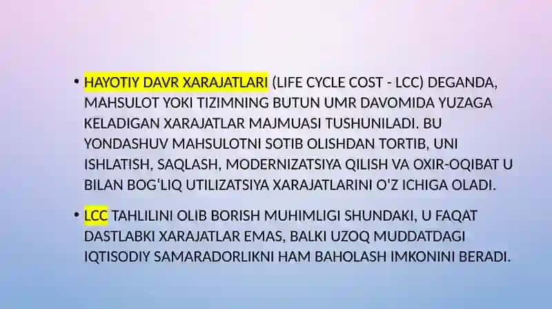 Hayotiydavr va Ekologik xarajatlarini hisoblash 2