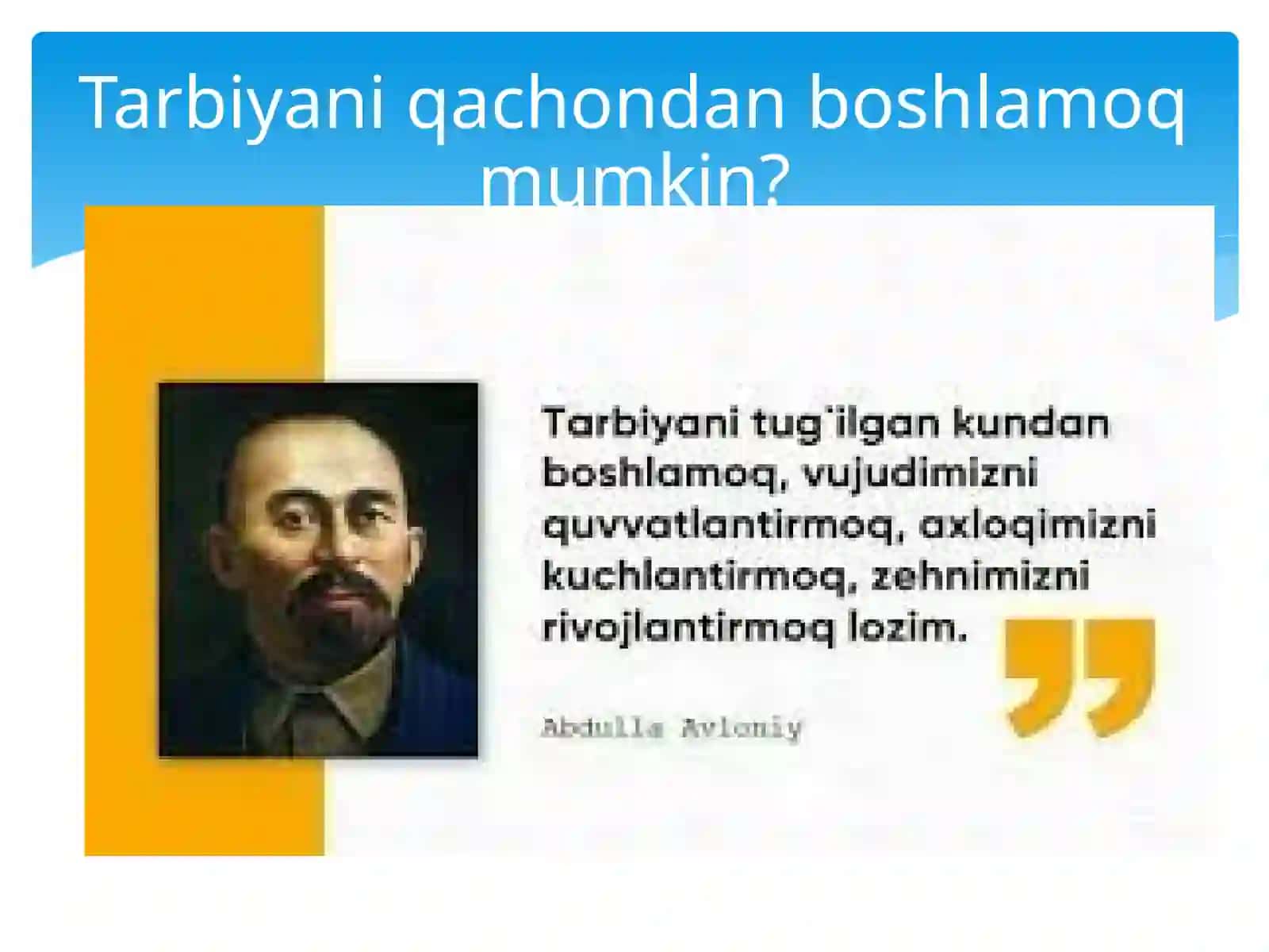 Tarbiya- shaxsda muayyan jismoniy, ruhiy, axloqiy, maʼnaviy sifatlarni shakllantirishga qaratilgan amaliy pedagogik jarayon 2