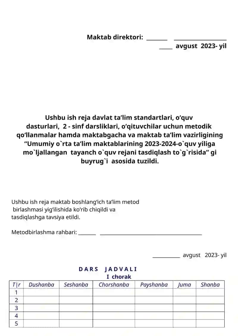 2-sinflar uchun YILLIK TAQVIM REJASI 2
