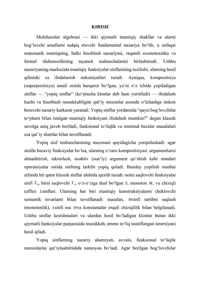 Mulohazalar algebrasida muhim yopiq sinflar 2