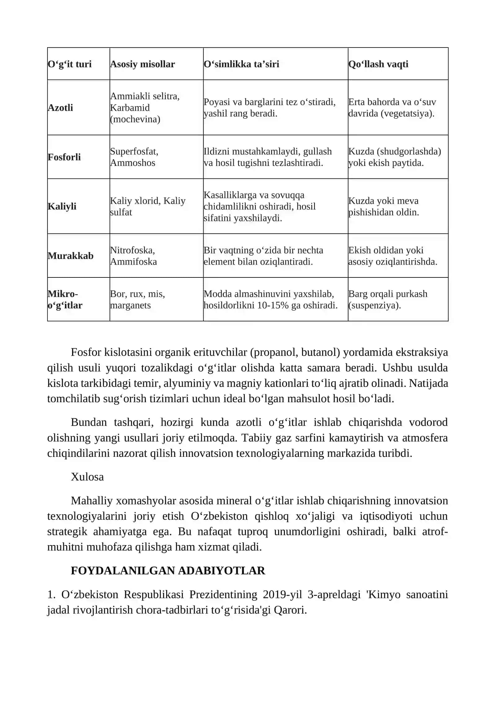 MAhallIY XOMASHYOLAR ASOSIDA YUQORI TOZALIKDAGI MINERAL O‘G‘ITLAR OLISHNING INNOVATSION TEXNOLOGIYALARI 2