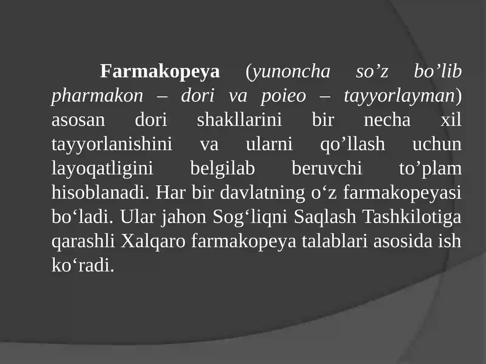 «Farmakopeya, dorixona va dorixonalar faoliyati bilan tanishuv» 2
