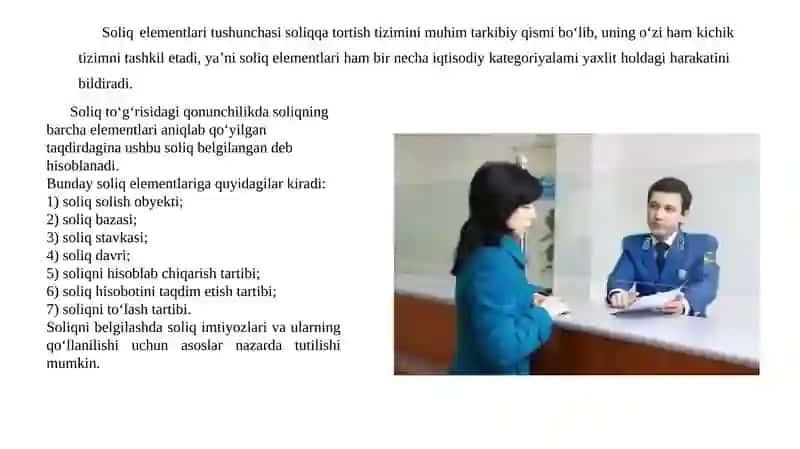 Soliqlarning elementlari. O‘zbekiston Respublikasida soliqlar va yig‘imlar tizimi. 2