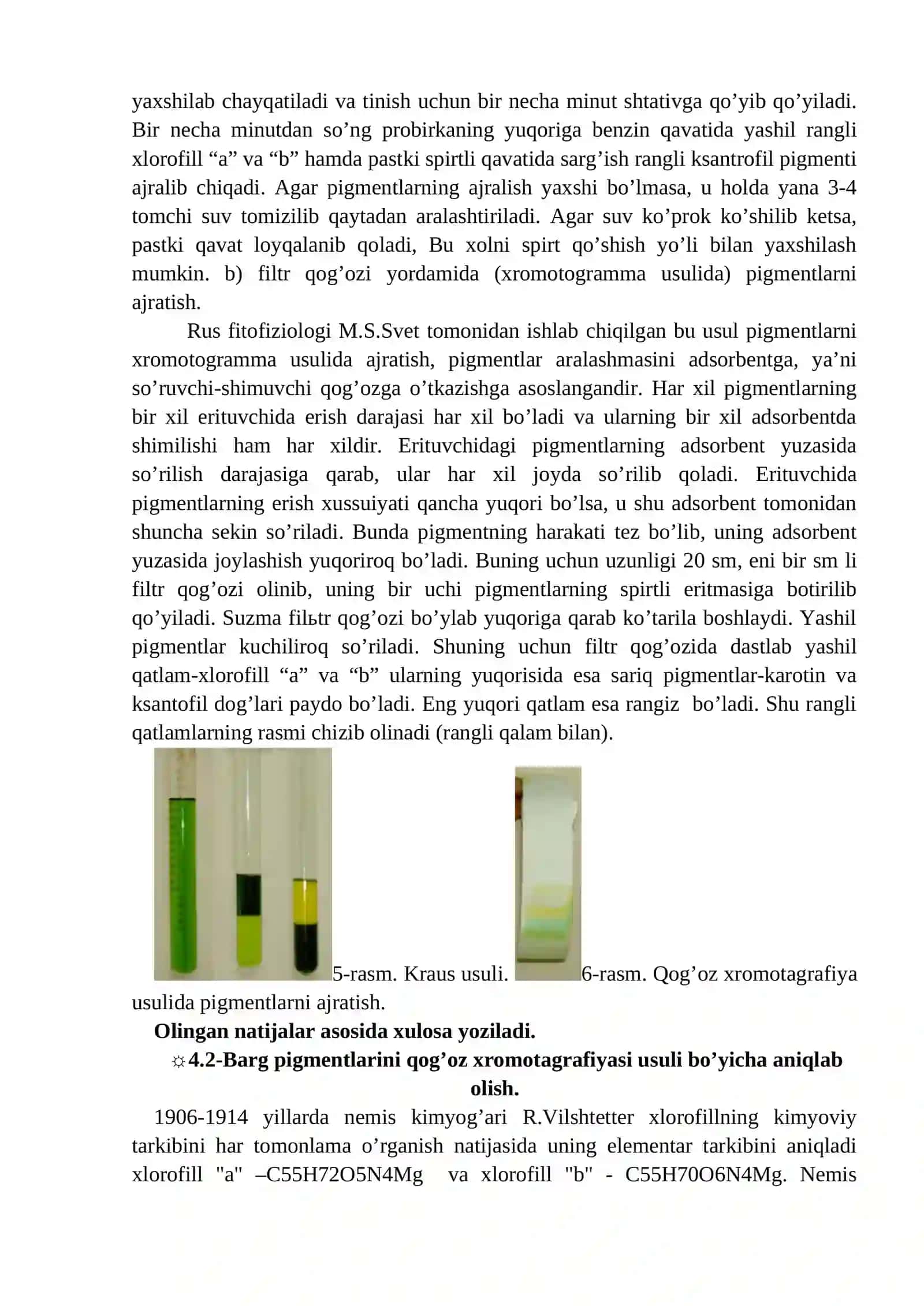 Yashil barg pigmentlarini ajratib olish va ularning xossalarini o'rganish (4-amaliy mashg'ulot) 2