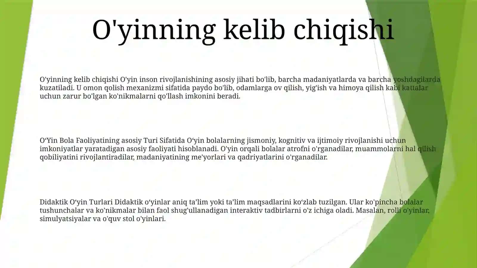 OʻYin Bola Faoliyatining Asosiy Turi Sifatida. OʻYinning Kelib Chiqish Sabablari. DidaktikOʻYinTurlari 2