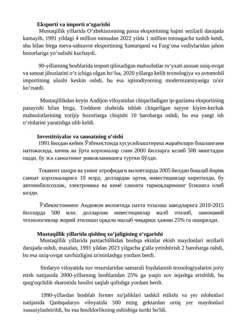 Mustaqillik yillarida qishloq xo‘jaligi va sanoat sohasidagi o‘zgarishlar 2