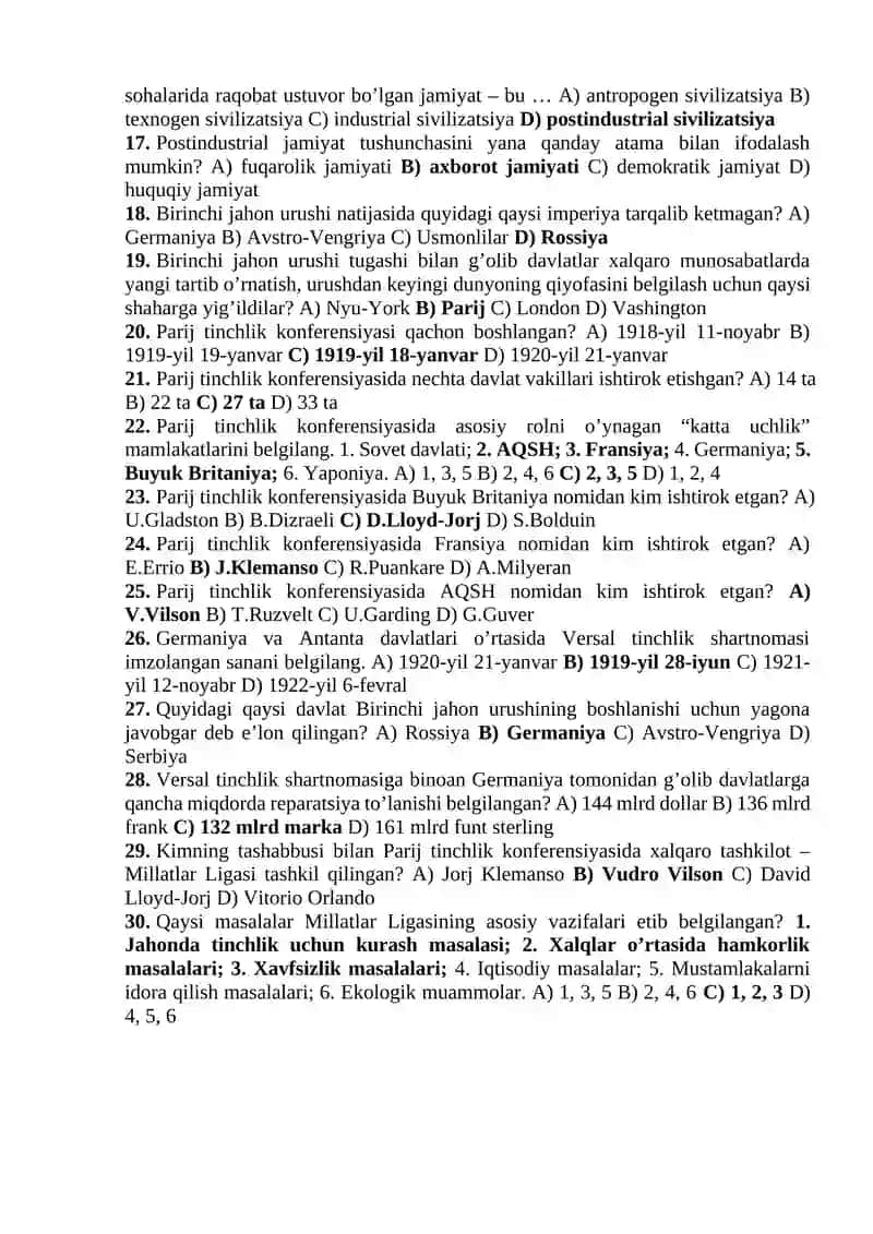 30 talik testlar №1. 10-sinf Jahon tarixi 2