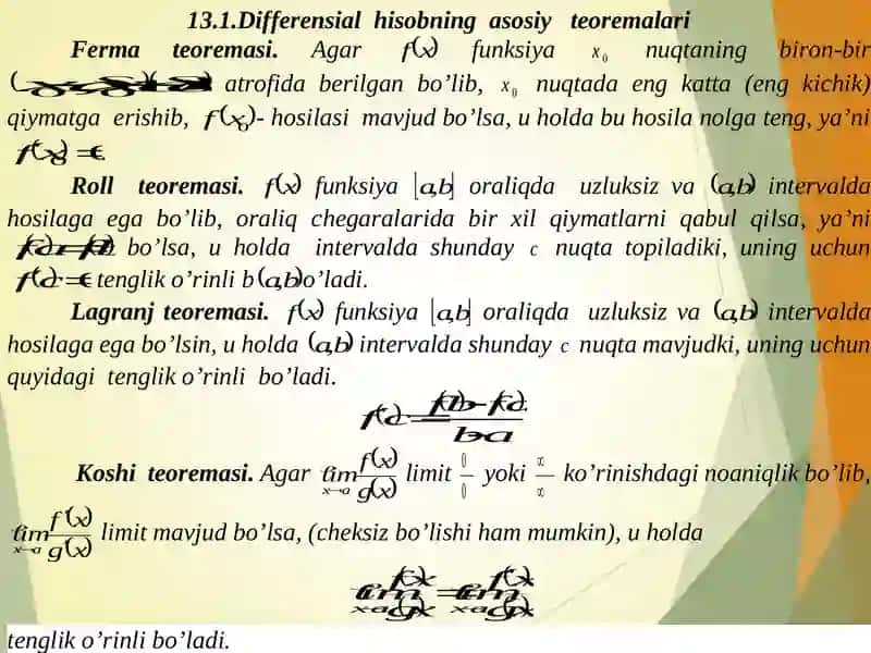 Differensiallanuvchi funksiyalar va ular uchun asosiy teoremalar. Hosilaning ba’zi tatbiqlari 2