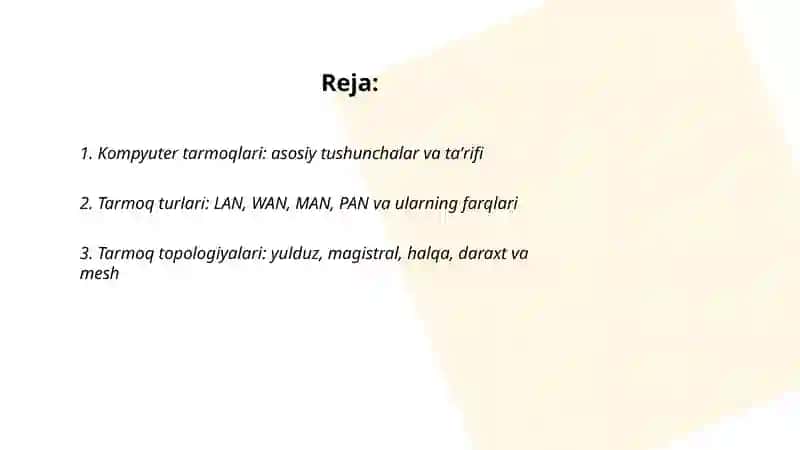Kompyuter tarmoqlari, uning asosiy tushunchalari va turlari 2