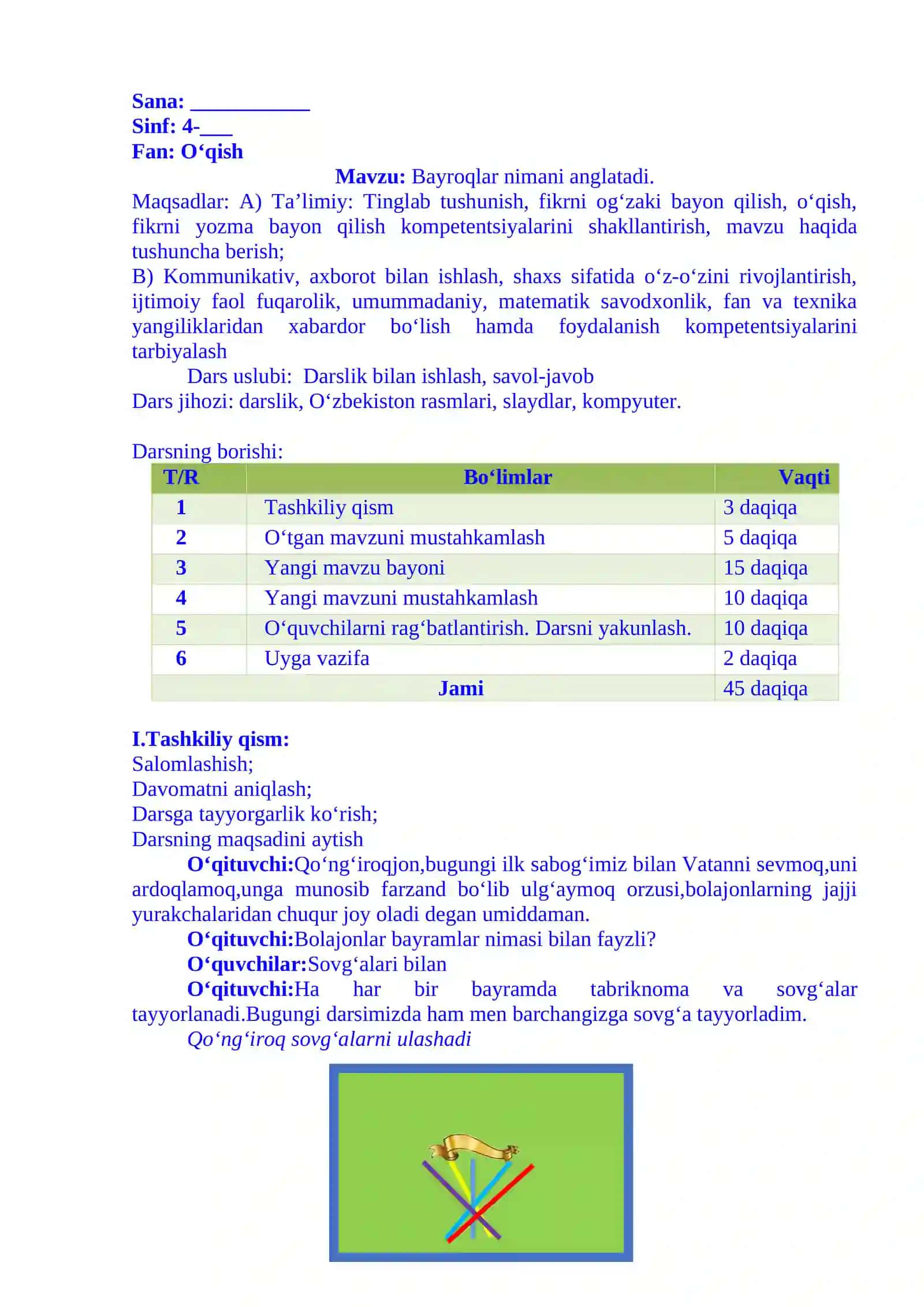4-sinf o'qish fanidan Bayroqlar nimani anglatadi? mavzusida 2-chorak dars ishlanmasi 2