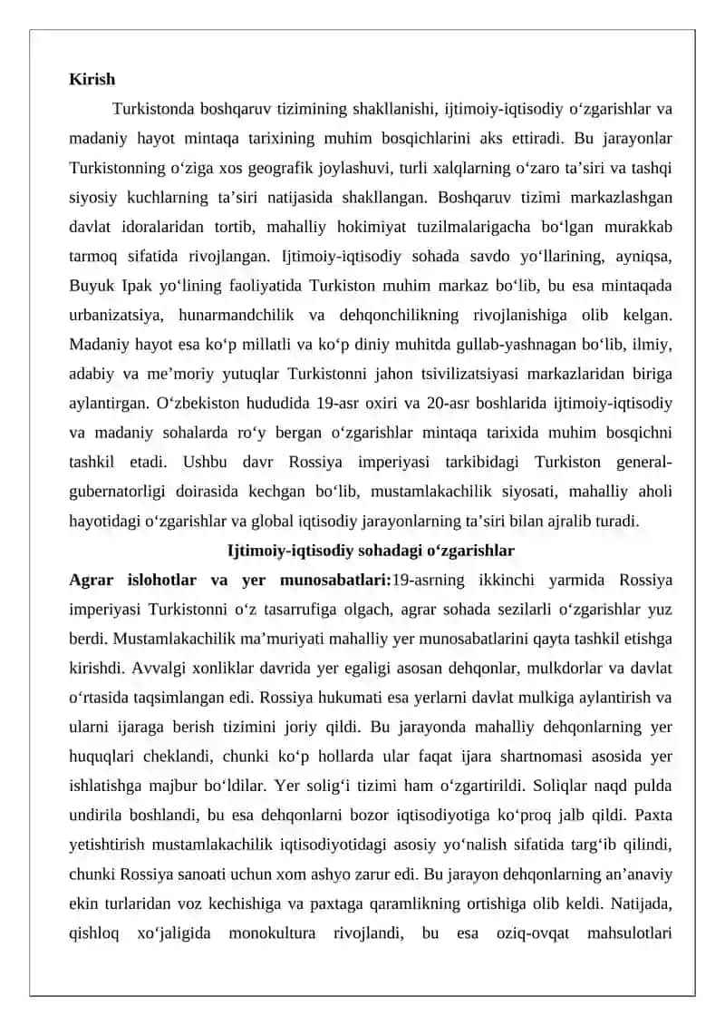 Turkistonda boshqaruv tizimining shakllanishi va ijtimoiy-iqtisodiy sohadagi o‘zgarishlar va madaniy hayot 2
