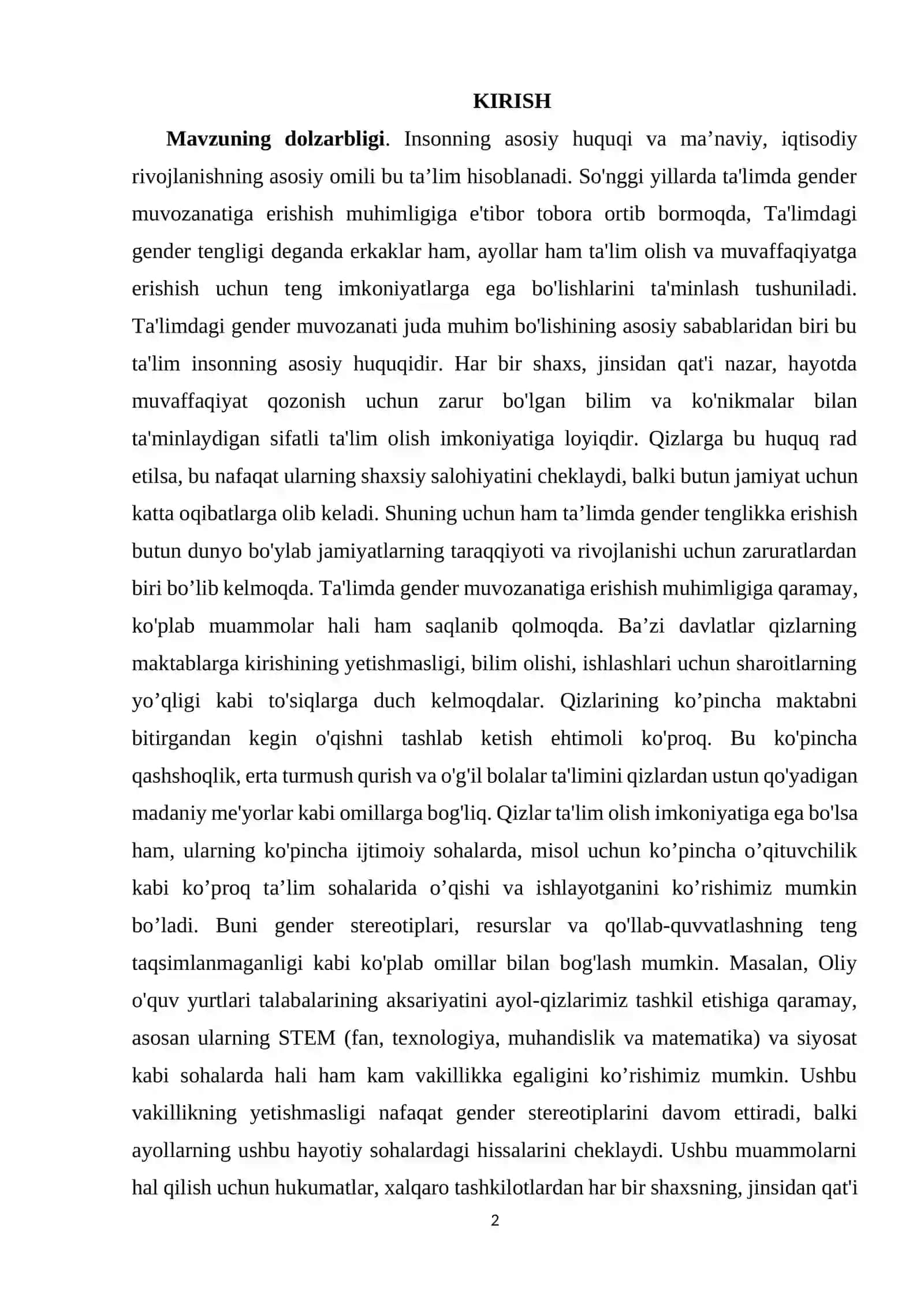TA’LIM VA BANDLIK SOXASIDA GENDER SEZGIR SIYOSAT: XALQARO AMALIYOT 2