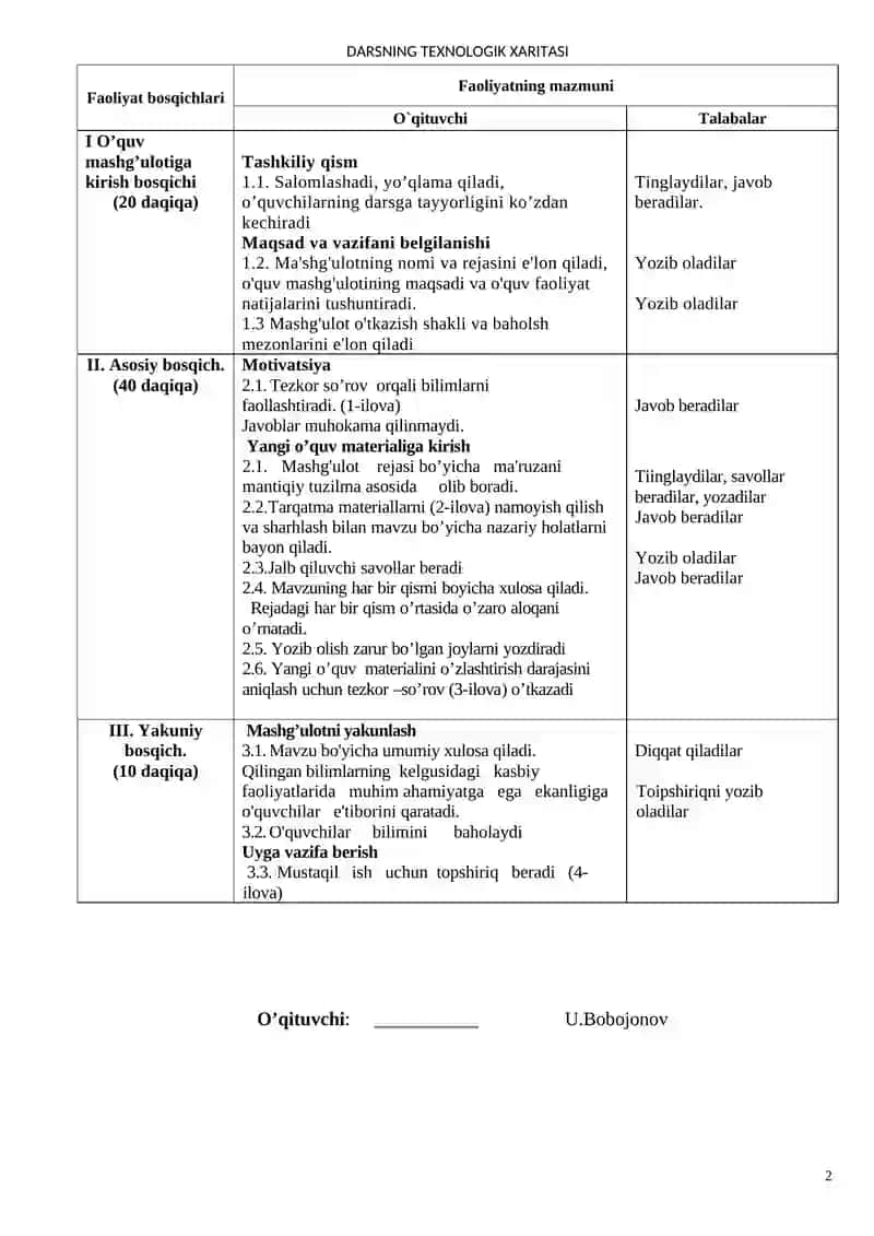 Traktor-kombayn shassilari tuzilishi va texnik xizmat ko’rsatish fаnidan o'quv mashg'ulotida ta'lim texnologiyasi modeli 2