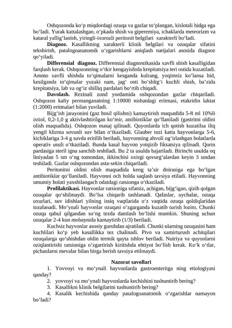 Amaliy mashg’ulot № 8. Yovvoyi va mo‘ynali hayvonlarda gastroenteritga diagnoz qo‘yish, davolash va oldini olish chora-tadbirlari 2