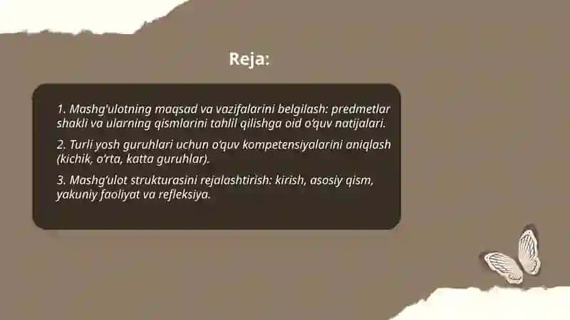 Maktabgacha ta'lim tashkilotlarida turli yoshdagi bolalarda predmentlar shakli va ularning qismlari taxlil qilish mashq qildirish mashg'ulot ishlanmasini tuzish 2
