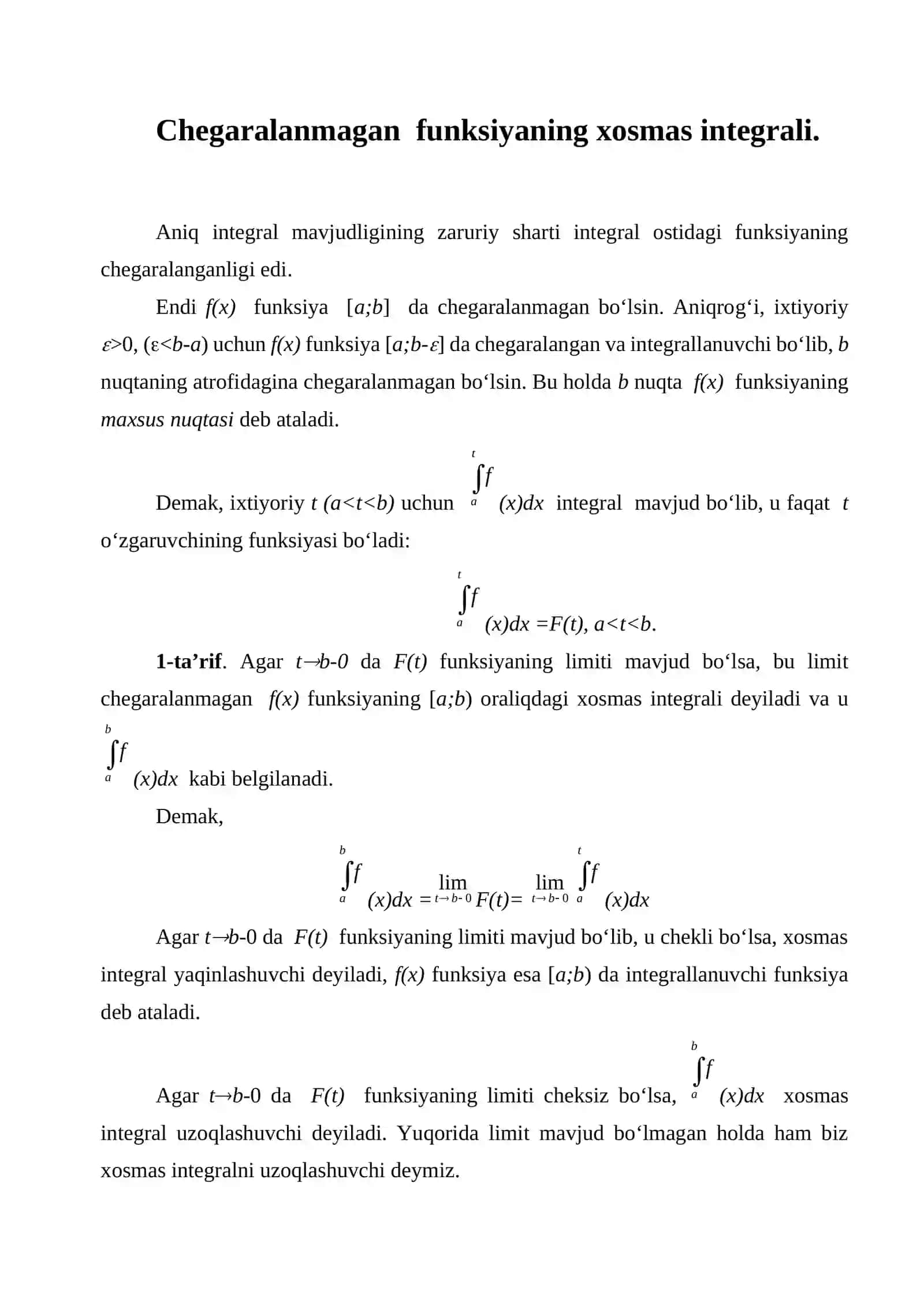 Matematik Analiz - Aniq integral mavjudligi 2