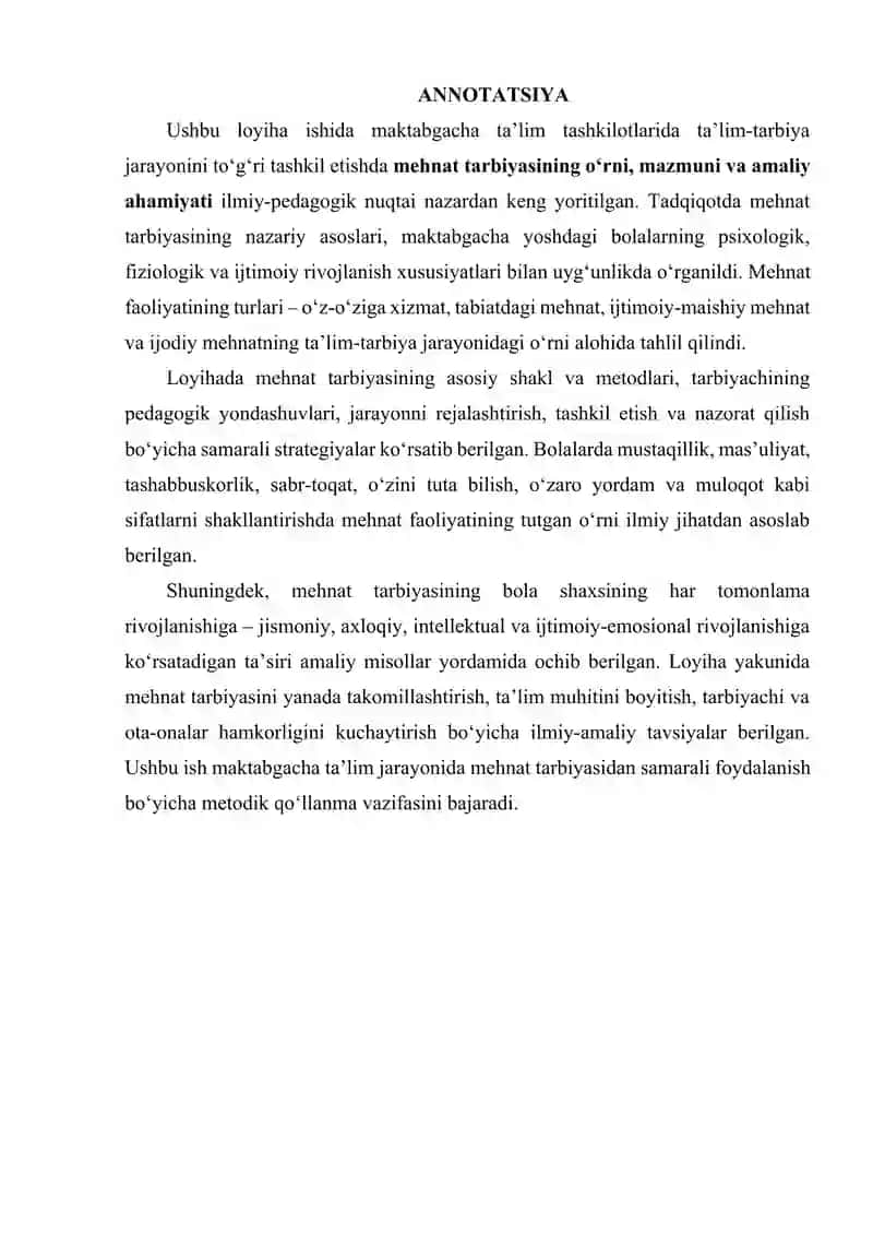 Maktabgacha ta`lim tashkilotlarida ta`lim-tarbiya jarayonini tashkil etishda mehnat tarbiyasining o`rni 2