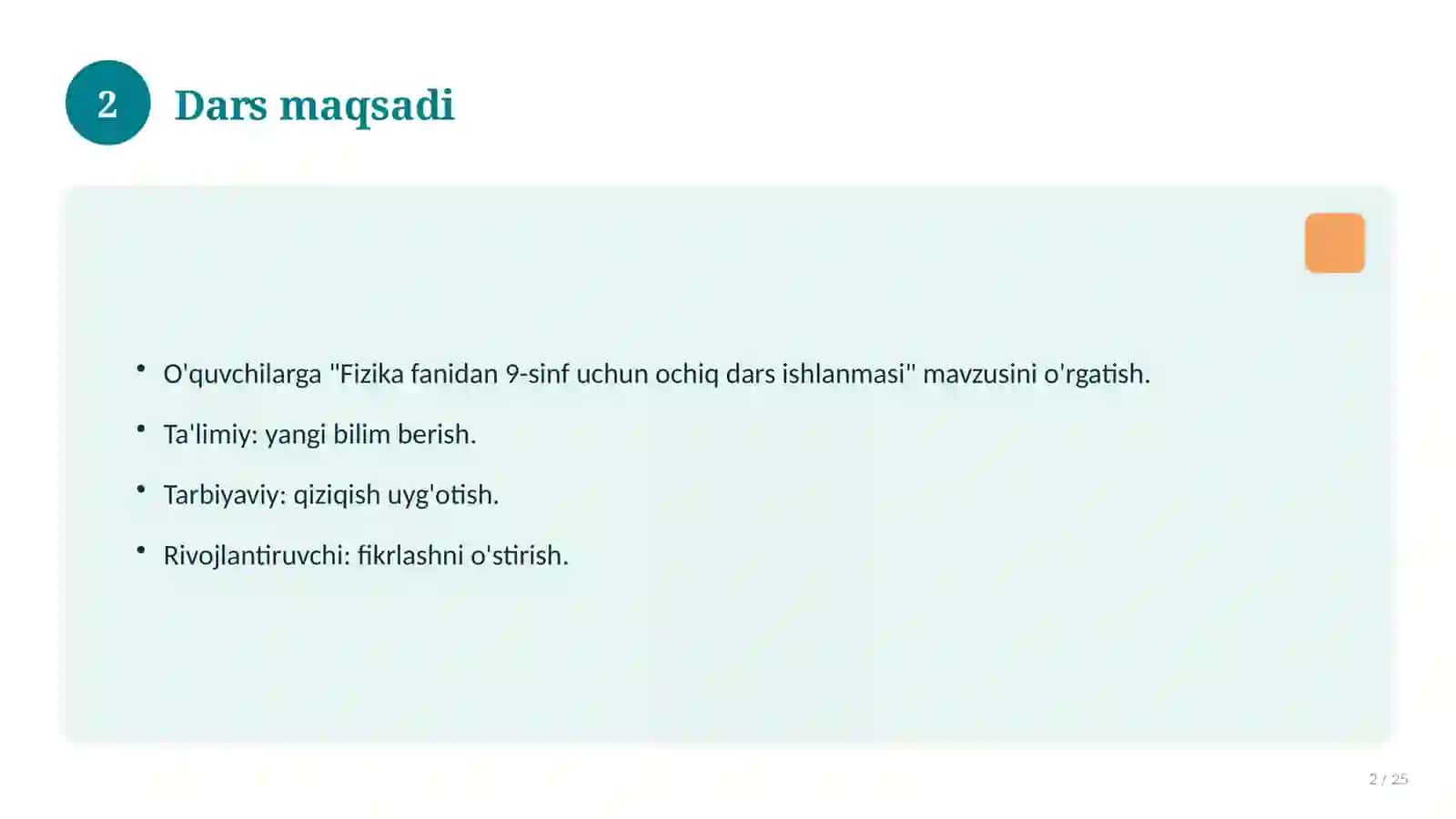 Fizika fanidan 9-sinf uchun ochiq dars ishlanmasi 2