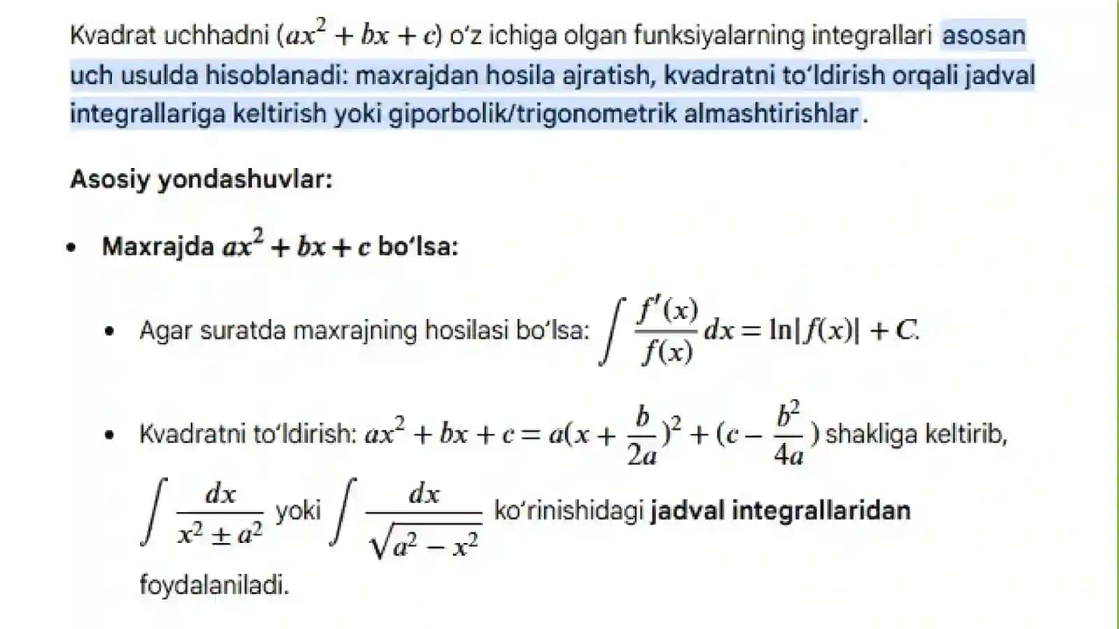 Kvadrat uch hadni o‘z ichiga olgan funksiyalarning integrali 2