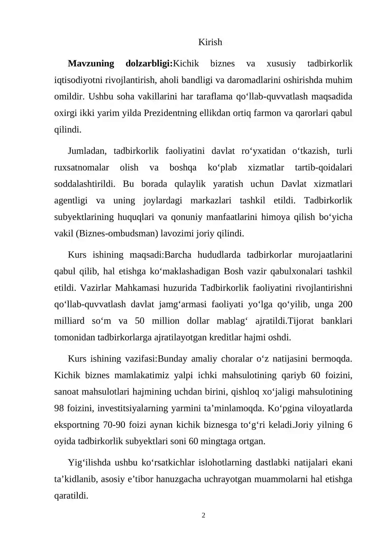 Kichik biznes va xususiy tadbirkorlik iqtisodiyotni rivojlantirish 2