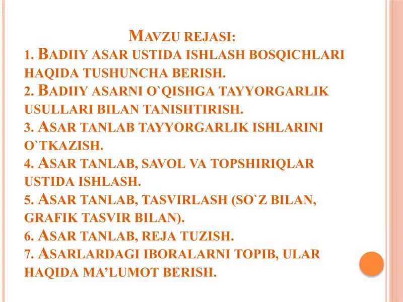 Boshlang‘ich sinf “O‘qish savodxonligi” darsligidan badiiy asar tanlab, matn ustida ishlash 2