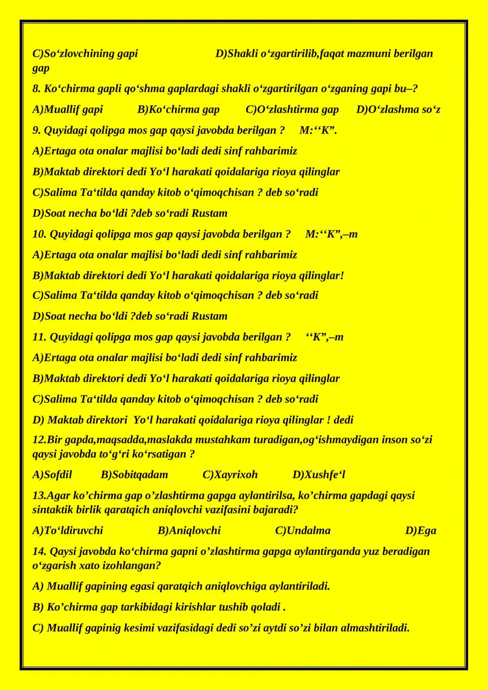 9-sinf ona tili fanidan 3-chorak uchun test 2