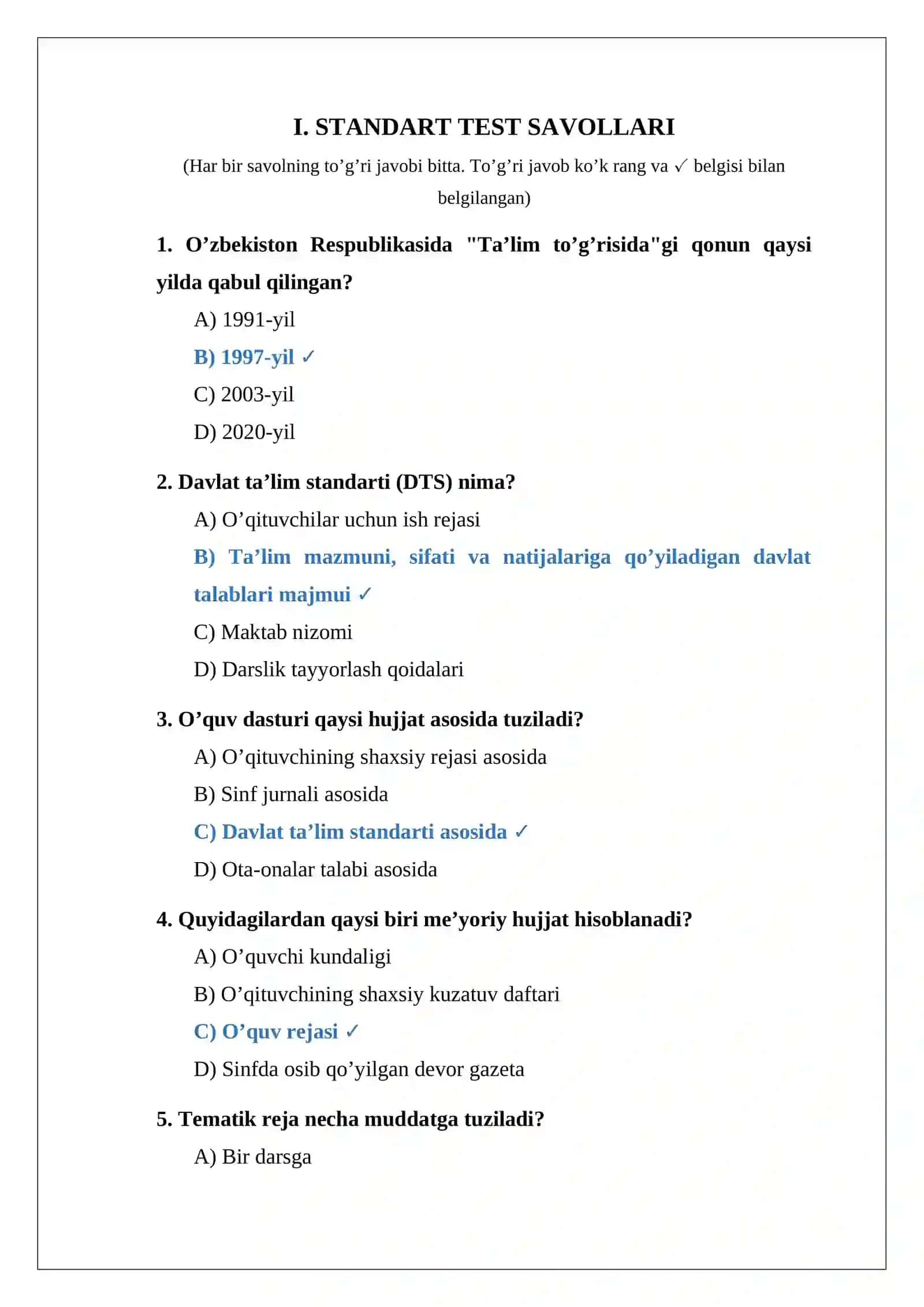 O’QUV JARAYONINI ME’YORIY HUJJATLARINI O’RGANISH VA TAHLIL QILISH MAVZUSIGA OID 20 TA TEST SAVOLLARI 2
