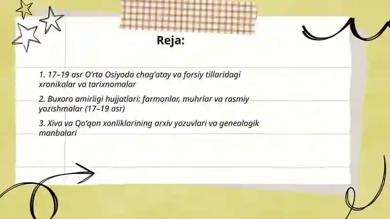 Oʻrta Osiyoning 17-19 asr tarixiga oid yozma manbalari 2